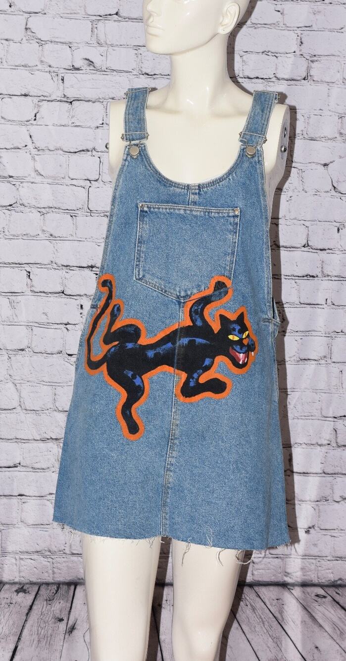 ZARA Trafaluc Denim Pinafore Overall Black Cat Panther Mini Denim Dress Size S
